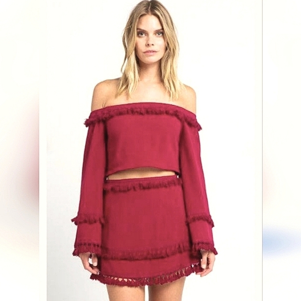 THE INDIGO CHILD Tassel skirt And Cropped Top Set. Maroon/Burgundy. Size small